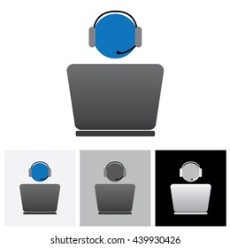 Customer support or front office worker & laptop - vector graphic. The illustration shows an employee icon with headphone and laptop with space for business text and business slogan