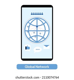 Soporte al cliente, red de negocios global, fondo de teléfono con globo, le gusta la ilustración plana de iconos, mensajes y iconos de letra vectorial.