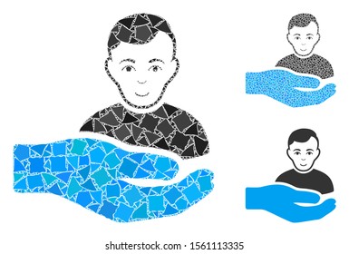 Customer support hand composition of uneven items in various sizes and color tones, based on customer support hand icon. Vector abrupt items are composed into collage.