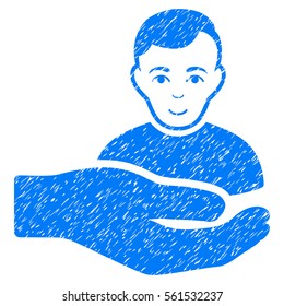 Customer Support Hand grainy textured icon for overlay watermark stamps. Flat symbol with unclean texture. Dotted vector blue ink rubber seal stamp with grunge design on a white background.