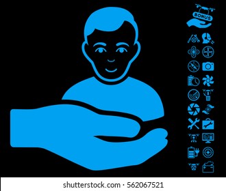 Customer Support Hand icon with bonus drone tools graphic icons. Vector illustration style is flat iconic blue symbols on black background.
