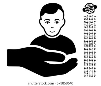 Customer Support Hand icon with bonus avatar images. Vector illustration style is flat iconic black symbols on white background.