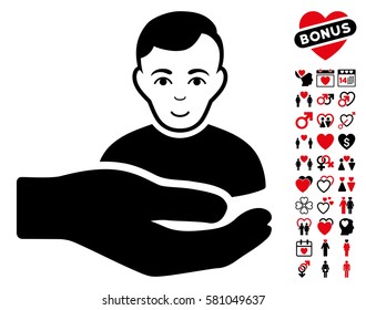 Customer Support Hand icon with bonus romantic pictograms. Vector illustration style is flat iconic intensive red and black symbols on white background.