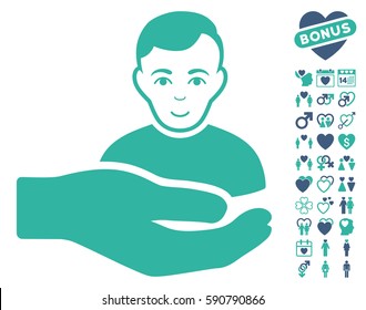 Customer Support Hand icon with bonus lovely graphic icons. Vector illustration style is flat iconic cobalt and cyan symbols on white background.