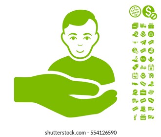 Customer Support Hand icon with free bonus design elements. Vector illustration style is flat iconic symbols, eco green color, white background.