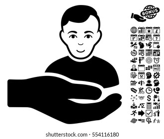 Customer Support Hand pictograph with bonus business, time management and calendar images. Vector illustration style is flat iconic symbols, black color, white background.