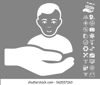 Customer Support Hand pictograph with bonus aircopter tools pictures. Vector illustration style is flat iconic white symbols on gray background.
