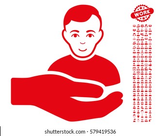 Customer Support Hand pictograph with bonus human graphic icons. Vector illustration style is flat iconic red symbols on white background.