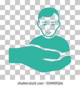 Customer Support Hand vector pictograph. Illustration style is flat iconic cyan symbol on a chess transparent background.
