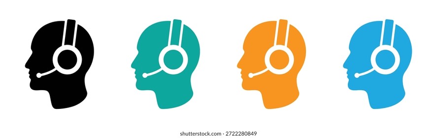 Customer support heads with headset in colors. Call center, customer support vector icon illustration.