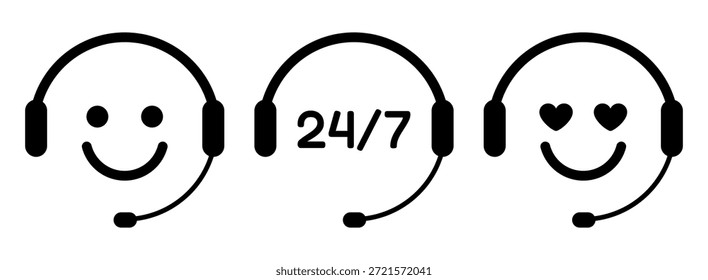 Conjunto de iconos de auriculares de Asistencia al cliente con emoción de amor de cara sonriente y 24 7 Símbolo de servicio Concepto simple de asistencia de mesa de ayuda de chatbot negro