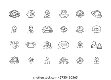 Conjunto de ícones de vetor de arte de linha de fone de ouvido de suporte ao cliente com símbolos de contorno do serviço de call center Comunicação Chat Help Desk e suporte ao cliente para marca de interface do usuário do Web App e design de impressão