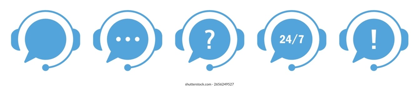 Asistencia al cliente de auriculares con burbujas de chat, 24 7 servicio, ayuda y señales de alerta. Iconos modernos de estilo plano para centros de llamadas, Asistencia tecnológica y diseños de asistencia en línea. Iconos, Vector.