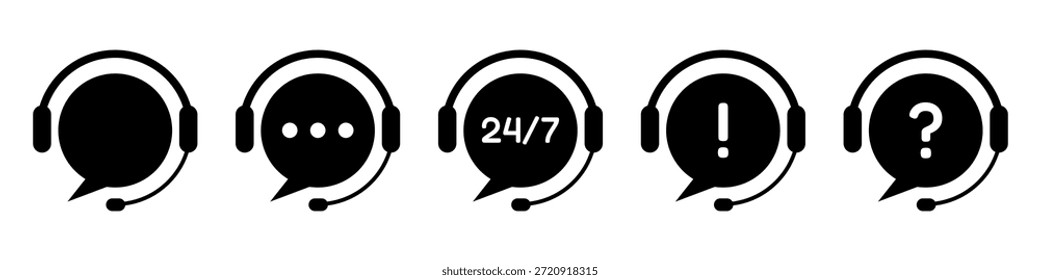 Asistencia al cliente y Help Desk Iconos de chat Set con auriculares Burbujas de voz 24 7 Asistencia de Help Desk Línea de atención telefónica Comunicación, concepto de Asistencia técnica en línea