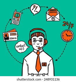 Customer support help desk service male assistant contact work circle schema poster print abstract sketch vector illustration