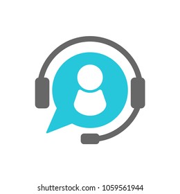 Customer support help desk symbol, hotline communication emblem, assistant operator phoning badge, abstract headphones, bubble speech, agent user talking, flat icon modern design sign.