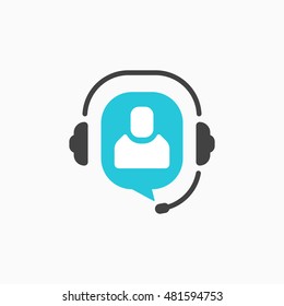 Customer support help desk symbol, hotline communication emblem, assistant operator phoning badge, abstract headphones, bubble speech, agent user talking, flat icon modern design sign.