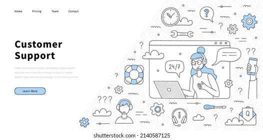 Customer support, help service, call center banner. Vector landing page with doodle illustration of hotline with girl operator in headset with laptop, message with question, lifebuoy and phone