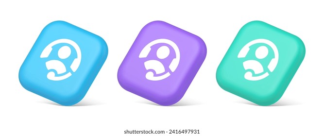 Customer support helpdesk assistance button call helpline connection 3d realistic blue purple and green icons. Hotline consulting information help center communication technology emblem