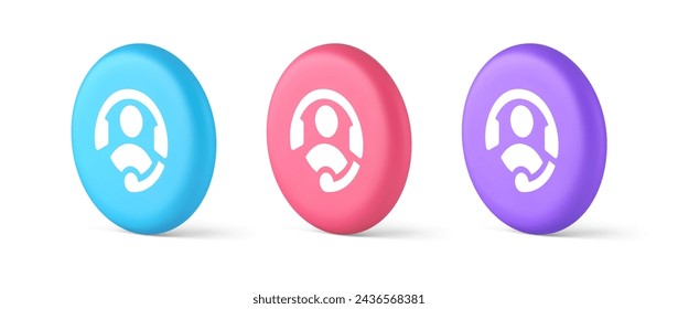 Customer support helpdesk assistance button call helpline connection 3d realistic blue pink and purple icons. Hotline consulting information help center communication technology emblem