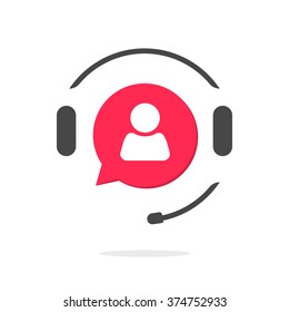 Customer support helpdesk logo symbol, assistant operator phoning badge, hotline communication emblem, abstract headphones, bubble speech, agent user talking, flat icon modern design sign isolated