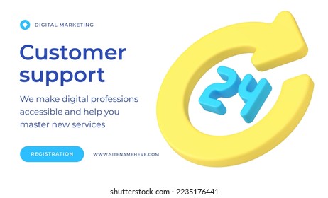 Customer support helpline advice consulting digital always available service social media banner 3d icon vector illustration. Feedback hotline web contact communication helpdesk corporate assistance