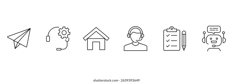 Customer support home service tools chatbot checklist communication gear headset call assistance paper plane icon vector illustration.