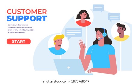 Customer support. Hotline operator. Concept illustration for support, call center. Woman with headphones and microphone with laptop. Flat Vector illustration