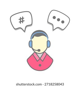 Customer support icon with headset agent and chat bubbles. Flat vector illustration for helpdesk, call center, online service, communication, FAQ, messaging, and customer care concepts.