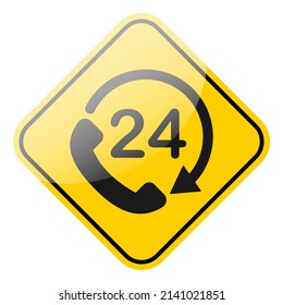 Kundendienst-Symbol auf gelbem Straßenzeichenrahmen. 24-Stunden-Help-Desk Service-Support-Kontaktsymbol geöffnet. Vektorgrafik.