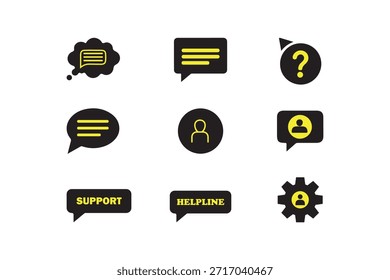 Customer support icon set with black and yellow chat bubbles, helpline text, user avatars and service symbols vector.