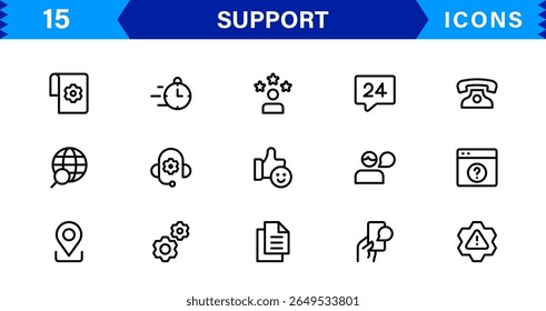 Customer Support Icon Set in Clean Vector Line Style for Helpdesk, Technical Assistance, Service Tools, and Communication