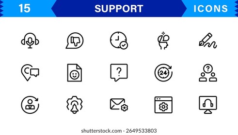 Customer Support Icon Set in Clean Vector Line Style for Helpdesk, Technical Assistance, Service Tools, and Communication