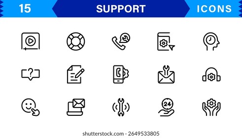 Customer Support Icon Set in Clean Vector Line Style for Helpdesk, Technical Assistance, Service Tools, and Communication