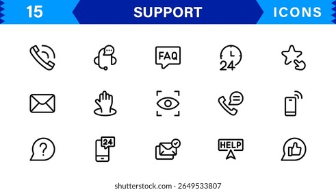 Customer Support Icon Set in Clean Vector Line Style for Helpdesk, Technical Assistance, Service Tools, and Communication