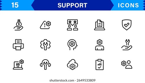 Customer Support Icon Set in Clean Vector Line Style for Helpdesk, Technical Assistance, Service Tools, and Communication