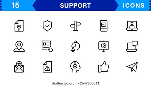 Customer Support Icon Set in Clean Vector Line Style for Helpdesk, Technical Assistance, Service Tools, and Communication