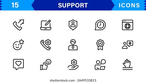 Customer Support Icon Set in Clean Vector Line Style for Helpdesk, Technical Assistance, Service Tools, and Communication