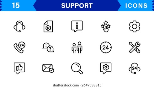 Customer Support Icon Set in Clean Vector Line Style for Helpdesk, Technical Assistance, Service Tools, and Communication