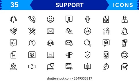 Customer Support Icon Set in Clean Vector Line Style for Helpdesk, Technical Assistance, Service Tools, and Communication