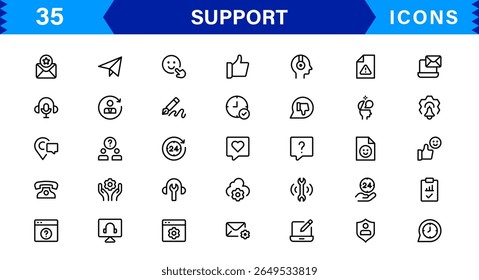 Customer Support Icon Set in Clean Vector Line Style for Helpdesk, Technical Assistance, Service Tools, and Communication