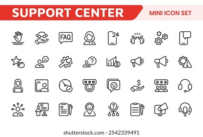 Conjunto de iconos de Asistencia al cliente. Iconos atractivos y claros para mejorar la asistencia al usuario, perfectos para centros de ayuda, interfaces de chat y plataformas de servicio para agilizar la comunicación.