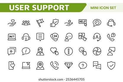 Customer Support Icon Set. Icons for enhancing user assistance, perfect for help centers, chat interfaces, and service platforms to streamline communication and improve user experience.