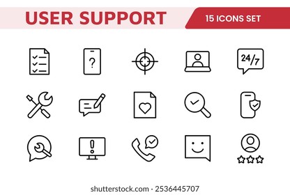 Customer Support Icon Set. Icons for enhancing user assistance, perfect for help centers, chat interfaces, and service platforms to streamline communication and improve user experience.