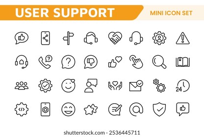 Customer Support Icon Set. Icons for enhancing user assistance, perfect for help centers, chat interfaces, and service platforms to streamline communication and improve user experience.