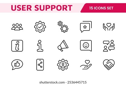 Customer Support Icon Set. Icons for enhancing user assistance, perfect for help centers, chat interfaces, and service platforms to streamline communication and improve user experience.