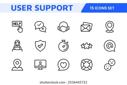 Customer Support Icon Set. Icons for enhancing user assistance, perfect for help centers, chat interfaces, and service platforms to streamline communication and improve user experience.