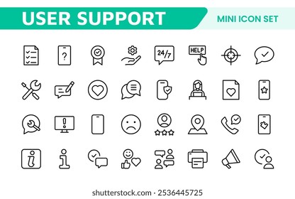 Customer Support Icon Set. Icons for enhancing user assistance, perfect for help centers, chat interfaces, and service platforms to streamline communication and improve user experience.