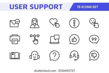 Customer Support Icon Set. Icons for enhancing user assistance, perfect for help centers, chat interfaces, and service platforms to streamline communication and improve user experience.