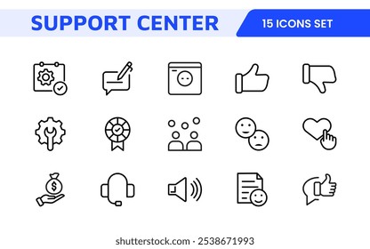 Customer Support Icon Set. Icons for enhancing user assistance, perfect for help centers, chat interfaces, and service platforms to streamline communication and improve user experience.